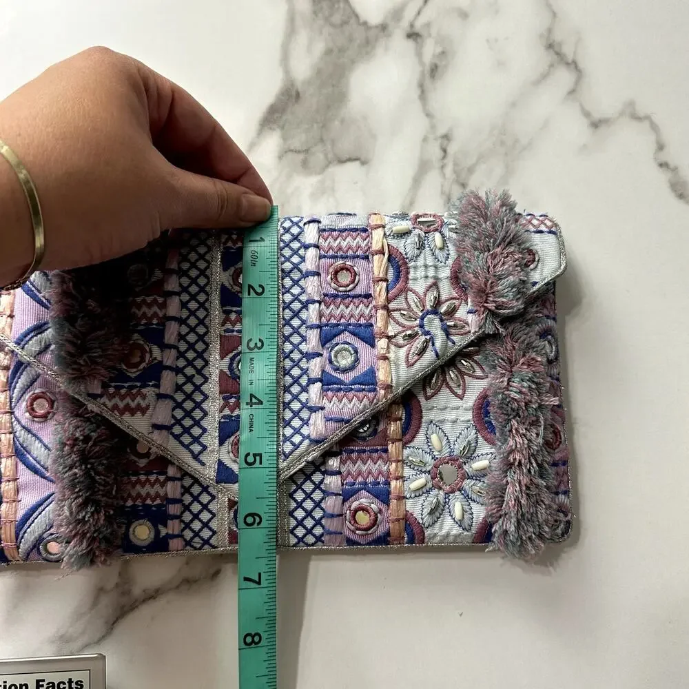 Chico's Boho Fringe Embroidered Purple Blue Multicolor Evening Party Clutch NWT